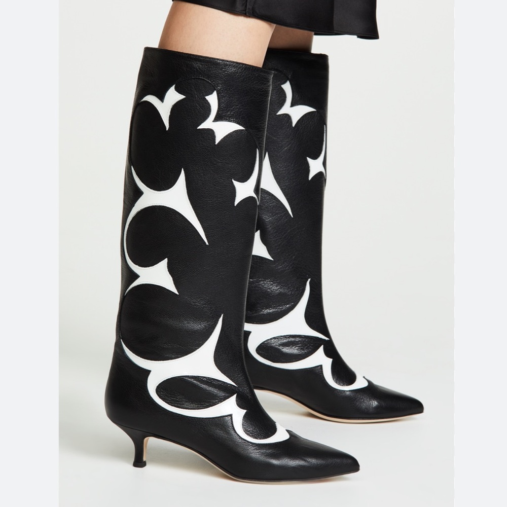 Tibi Black and White Patterned Knee-High Leather Boots